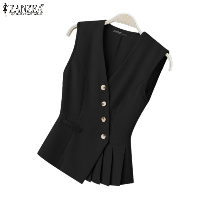 ZANZEA เสื้อทำงานสำหรับผู้หญิงสไตล์เกาหลี แบบคอปุ่มเอียง มีก้านพับ แขนกุด เหมาะสำหรับการทำงานอย่างเป็นทางการ