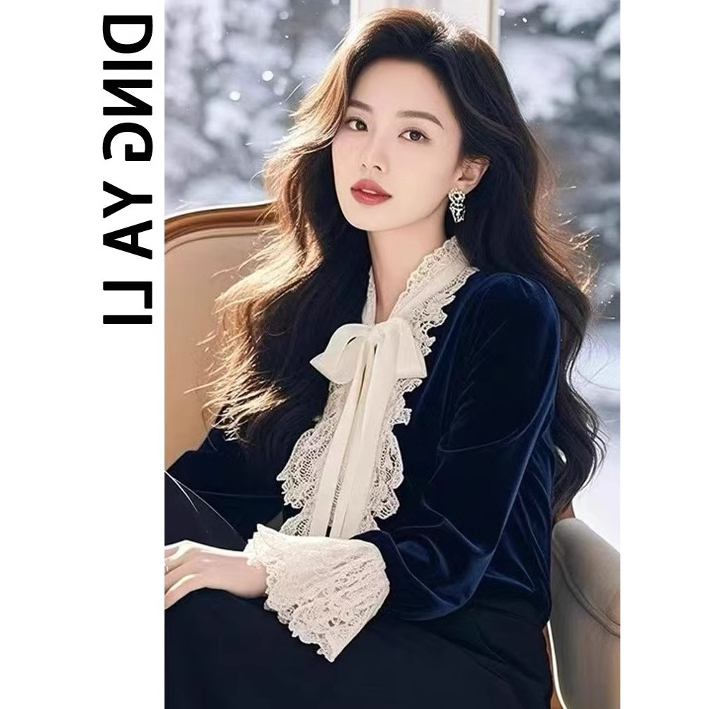 XUWEN2509 Seckill ฝรั่งเศส High-End หรูหราลดอายุสไตล์ตะวันตกผู้หญิงฤดูใบไม้ร่วงฤดูหนาวลูกไม้เย็บโบว์