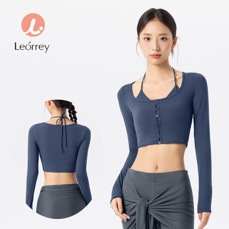 Leorrey-เสื้อโยคะแขนยาวคอวีสำหรับเต้นรำและวิ่งออกกำลังกาย Slim-Fit 2 ชิ้น พร้อมคัพแบบติดตาย