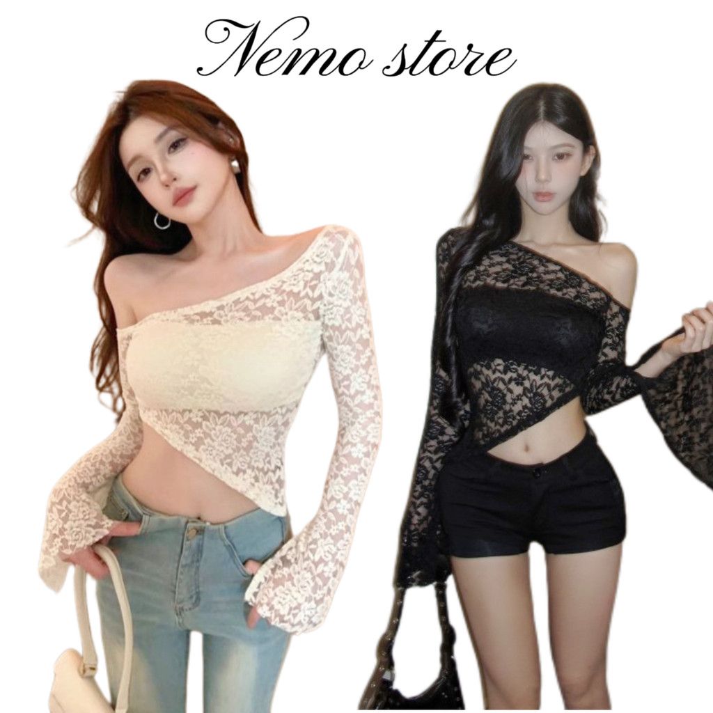 Nemo store🌸#FY3091 เสื้อเปิดไหล่แขนยาว น่ารักมาก ดีเทลถักลายลูกไม้ สีพื้นใส่สบายมาก