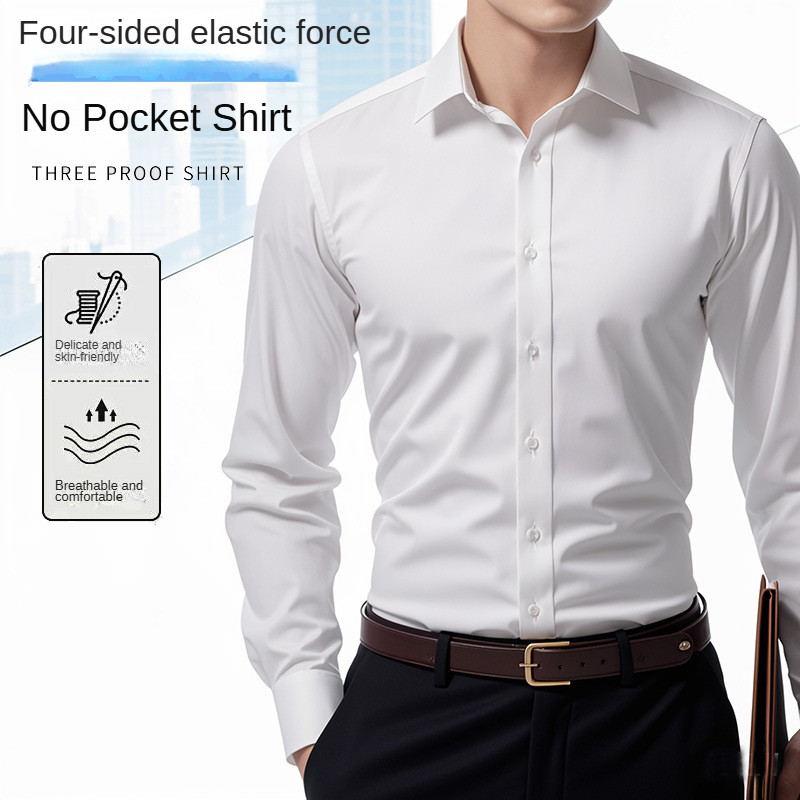 เสื้อเชิ้ตยืดสำหรับผู้ชาย - ทรงสลิมฤดูใบไม้ผลิและฤดูร้อนแขนยาวทนต่อริ้วรอย