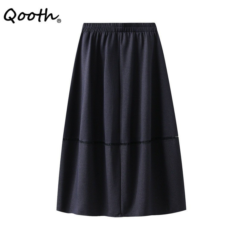 Qooth Elegant ผู้หญิงสาย Splicing กระโปรงยีนส์นุ่มความยาวกลางเอวยางยืดกระโปรงลําลอง QT2732