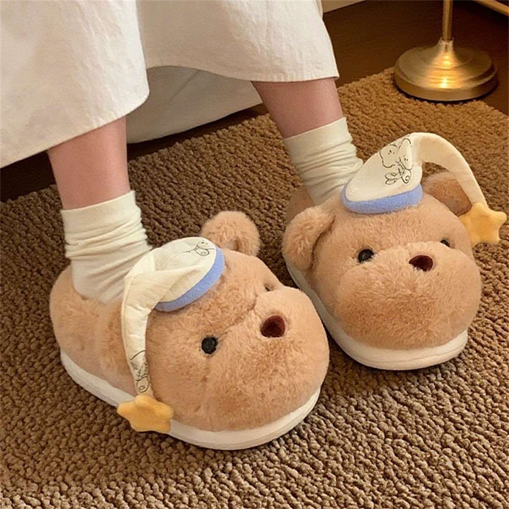 XIXITIAO รองเท้าแตะผ้าฝ้าย Warm Plush หมีน่ารักนักเรียนหญิงฤดูหนาวสไตล์ใหม่ในร่ม