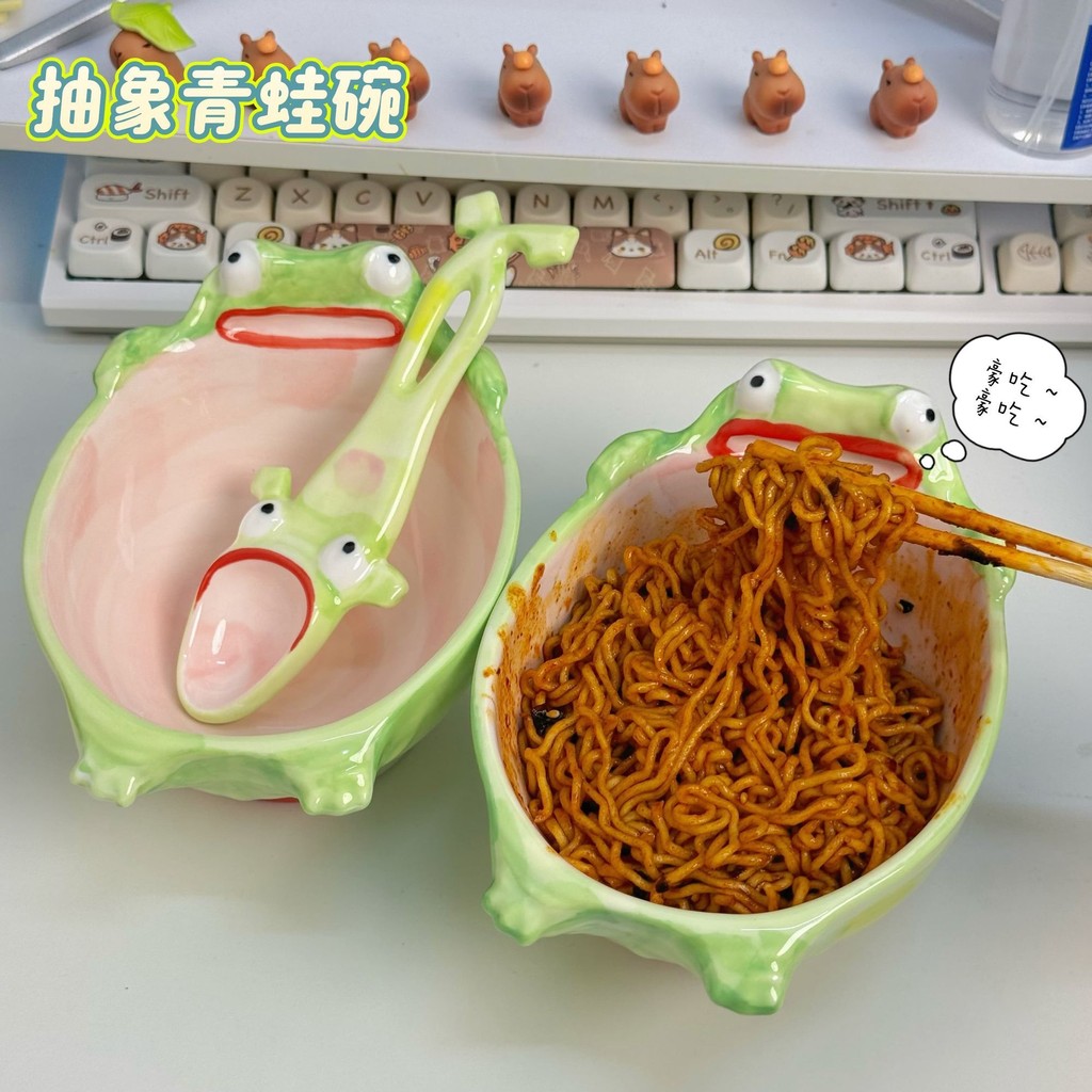 ตลกบทคัดย่อน่าเกลียด3งน่าเกลียดกบชามเซรามิกช้อนชุดความจุขนาดใหญ่ขนมบะหมี่กึ่งสําเร็จรูปของขวัญ