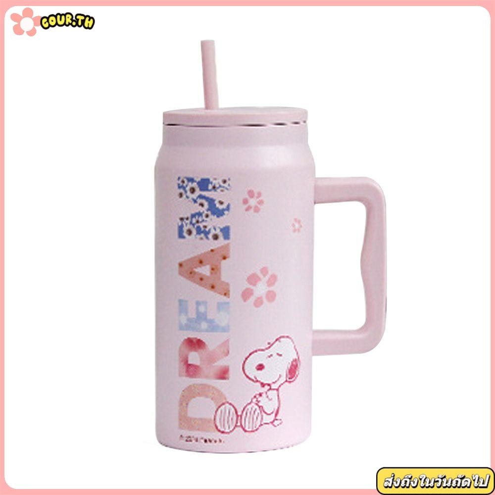 COUR จัดส่งกรุงเทพฯ Snoopy แก้วเก็บความเย็น 1500ml พร้อมที่จับและฝาฟางถ้วยแก้วกระติกเก็บความร้อนและเ