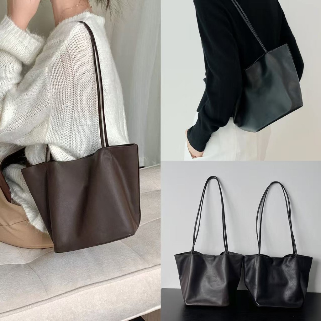 Lune Sac กระเป๋าโททหนังแกะชั้นบนมินิมอล กระเป๋าถังสำหรับทำงานสไตล์ฮีโบสะพายรักแร้
