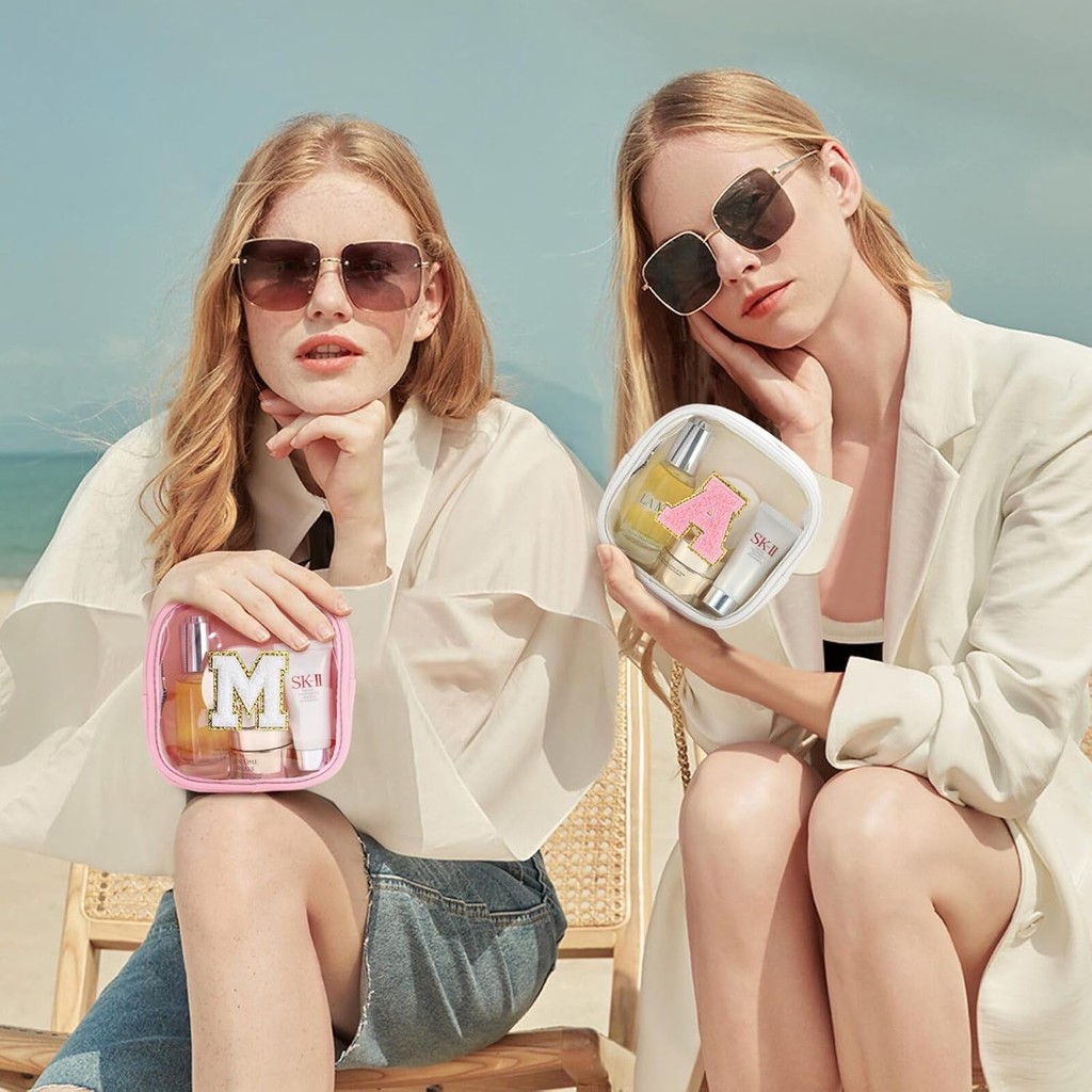 YOOLIFE Initial Make Up Bag Travel Toiletry Bag, Clear Makeup Bag Preppy Cosmetic Bags Organizer Tra