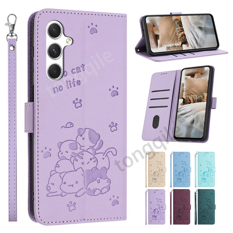 SAMSUNG กรณีพลิกสําหรับSamsung Galaxy S25 FE S24 Plus Ultra S25FE 5G 2025 หรูหราหนังฝาครอบโทรศัพท์ปลอกช่องใส่การ์ดกระเป๋าสตางค์แมวรูปแบบขาตั้งกันกระแทกกันชนAnti Drop Lanyard