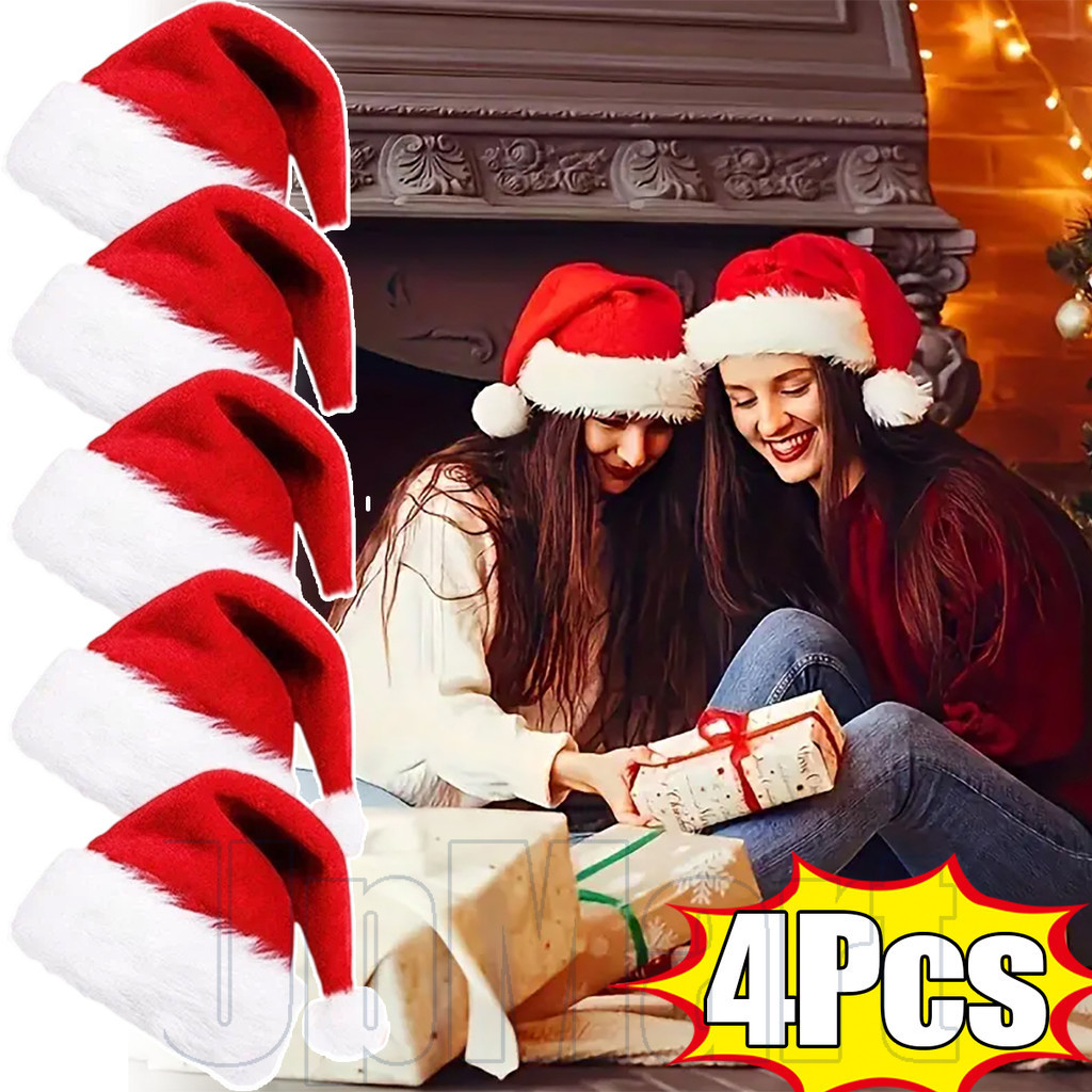 กํามะหยี่หนาหมวกคริสต์มาส Plush Red & White, Warm Santa หมวกสําหรับผู้ใหญ่/เด็ก, 1/2/4 ชิ้น Furry Pom Pom สําหรับ Xmas Party ตกแต่ง