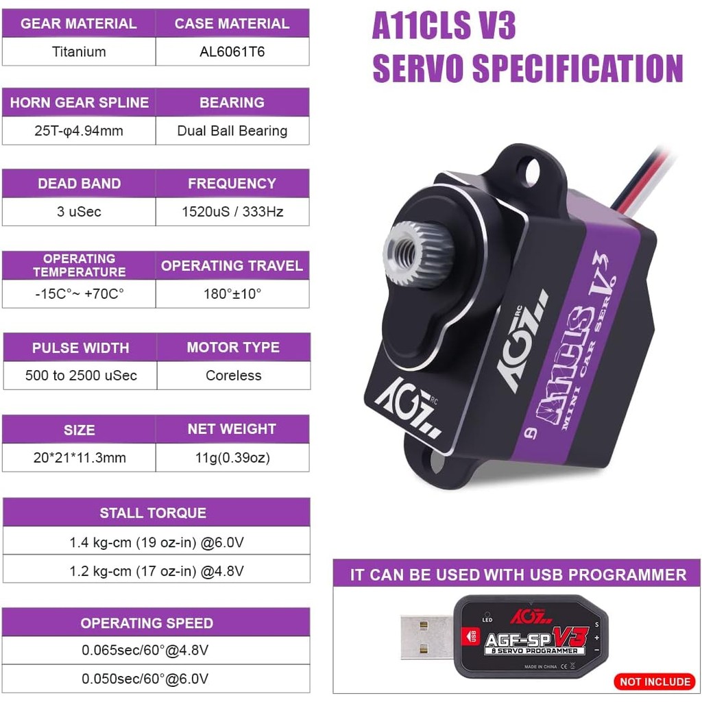 AGFC Mini-Z-Car Micro Steering Servo - 11g อัพเกรดโปรแกรม 0.050sec เกียร์โลหะเต็มรูปแบบความเร็วสูง M