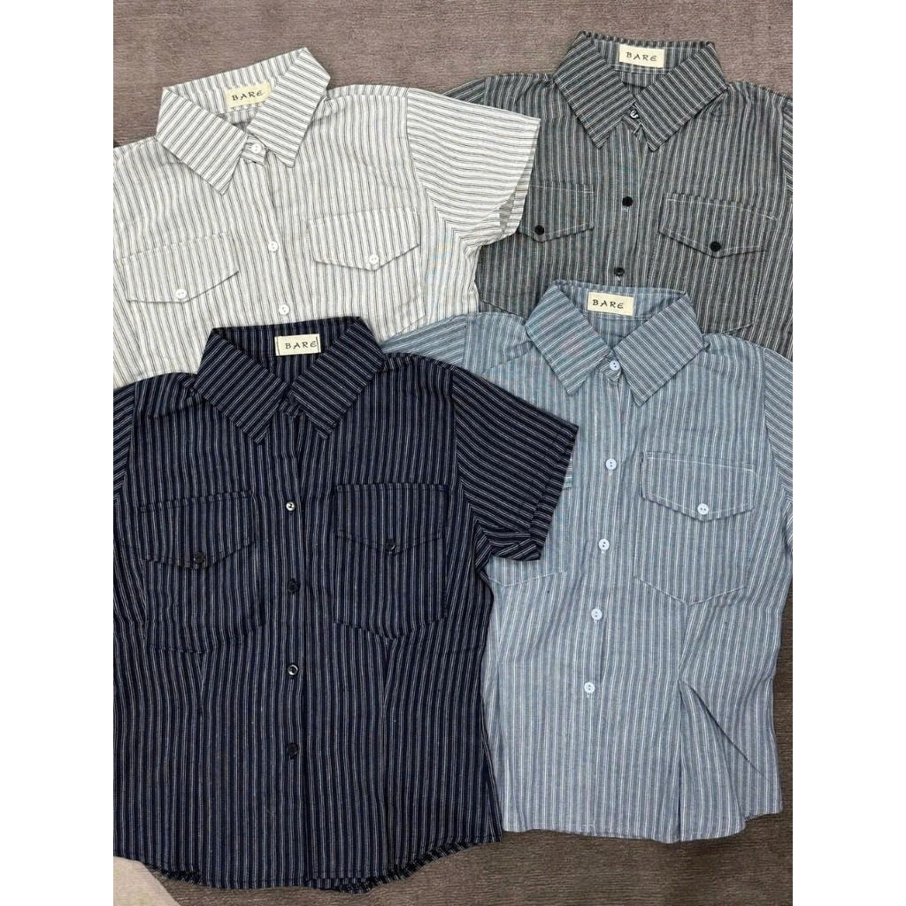 BARE_เสื้อเชิ้ตลายผ้าลินินผู้หญิง-คอปกเปิดลง,กระเป๋า2พนัง,ชายจีบสําหรับทํางาน,โรงเรียน,Streetwear_A6