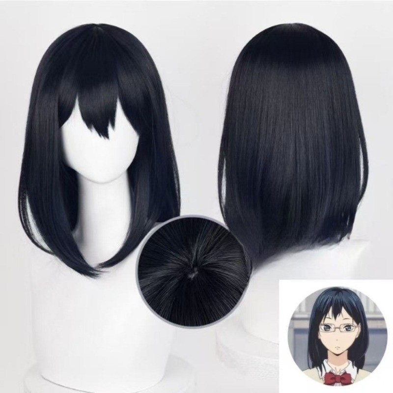 วิกผมคอสเพลย์ Shimizu Kiyoko จากไฮคิว!!, สีดำและฟ้า, ขนาด 46 ซม., ผมสังเคราะห์ทนความร้อน, เหมาะสำหรั