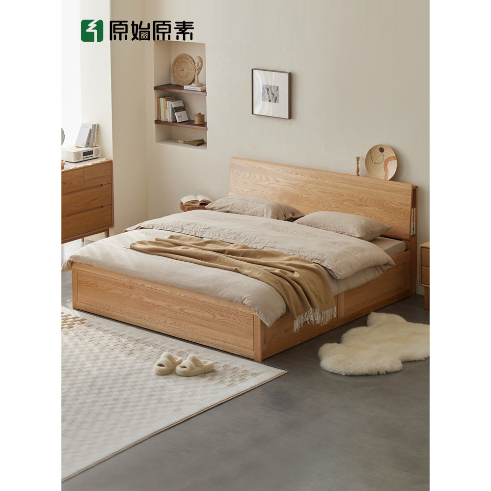 Original เตียงไม้เนื้อแข็งธรรมดา Nordic 1.8m 1.5 Oak กล่องเตียงโมเดิร์น Simple Storage เตียงคู่ F801