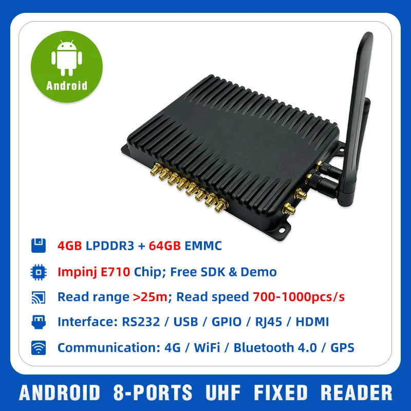 Android 10.0 Impinj E710 WiFi บลูทูธ 4G GPS RS232 GPIO USB TCPIP HDMI 8 พอร์ต UHF RFID Fix Reader สํ