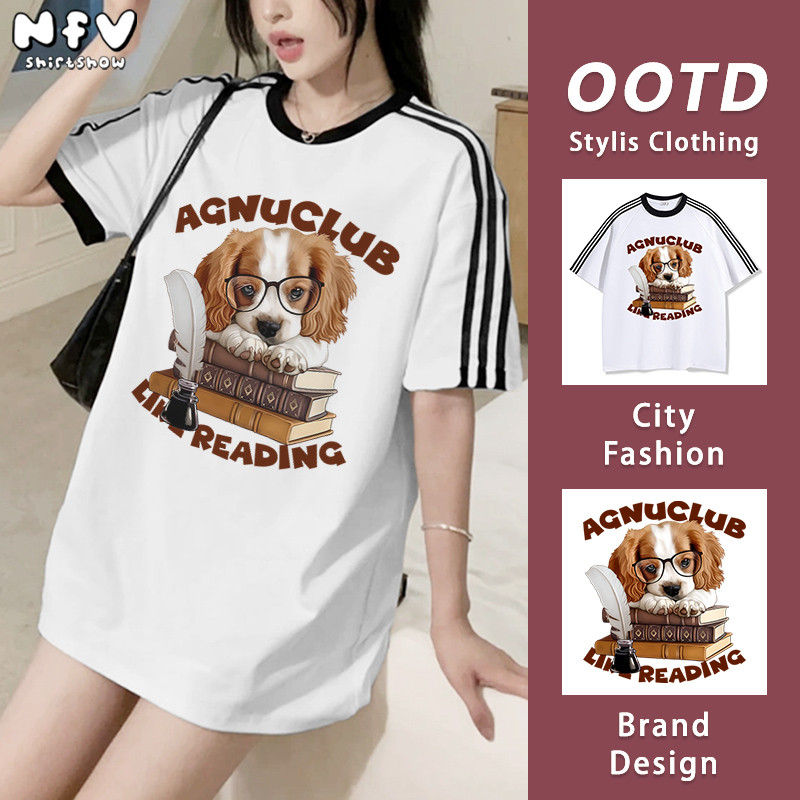 NFV เสื้อยืดแขนสั้นคอกลม🐶สไตล์เกาหลี ลายหมาน้อยน่ารัก ทรงหลวม ระบายอากาศ ใส่สบาย ผ้าฝ้าย YG1223