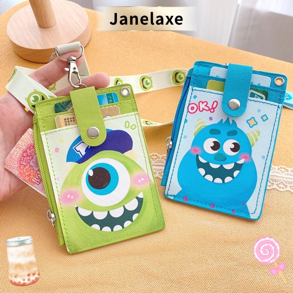 JANELAXE เคสใส่บัตรการ์ตูน 3 ช่อง PU พร้อมสายคล้องคอนุ่มสำหรับทั้งผู้ชายและผู้หญิง