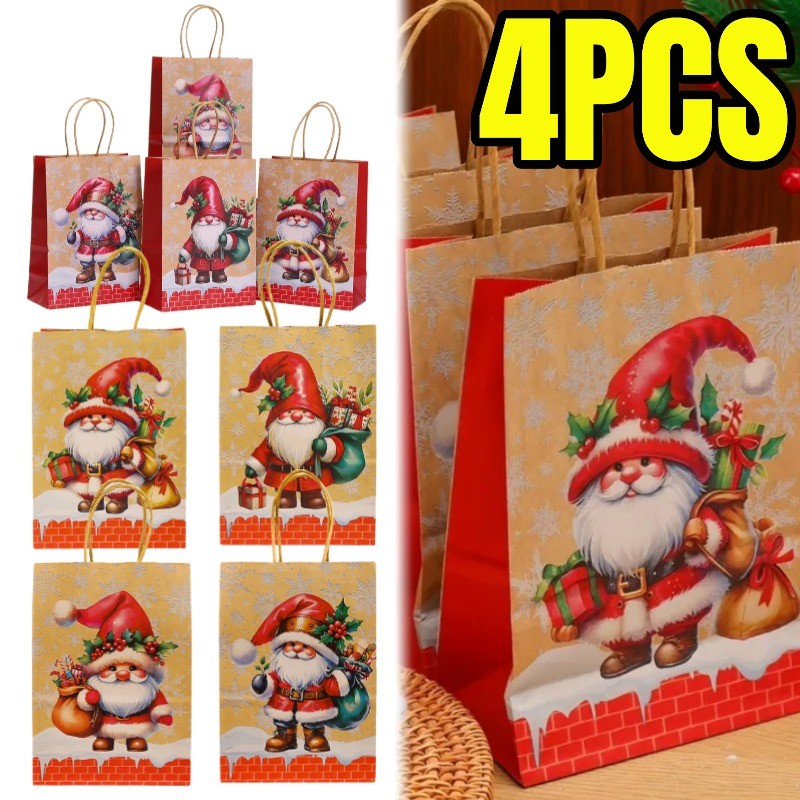 ถุงของขวัญกระดาษคราฟท์คริสต์มาสคลาสสิก - กระเป๋าถือซานตาคลอสคริสต์มาสที่ทนต่อการสึกหรอ - กระเป๋าเทศกาลน่ารักสําหรับงานปาร์ตี้​