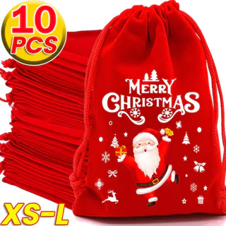 3/5/10 ชิ้น Xmas Patterns Velvet Bags / ถุงของขวัญกํามะหยี่คริสต์มาส / Candy Biscuits Red Drawstring Pouch