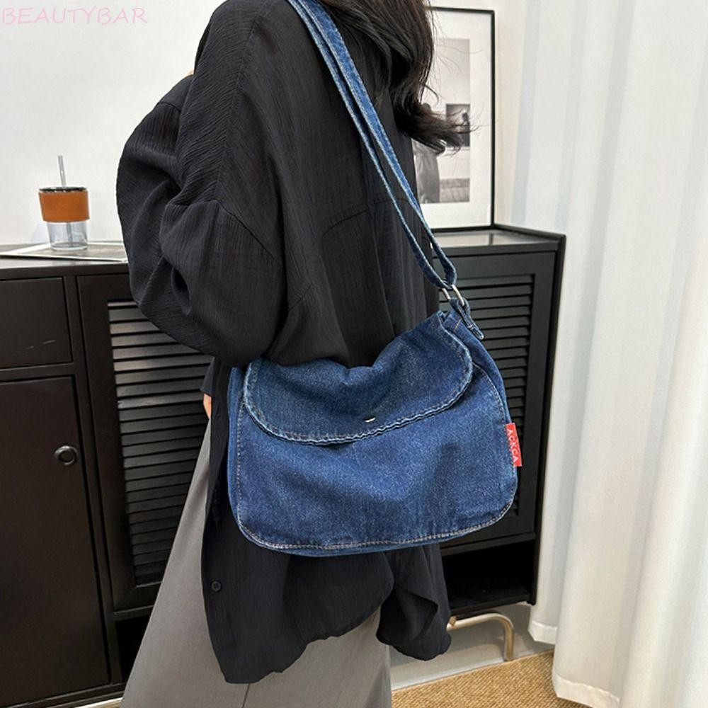 BEAUTYBAR8 กระเป๋าผ้าแคนวาสยีนส์, Y2K Street Style Vintage กระเป๋าถือ,แบบพกพาขนาดใหญ่ความจุสีทึบกระเ