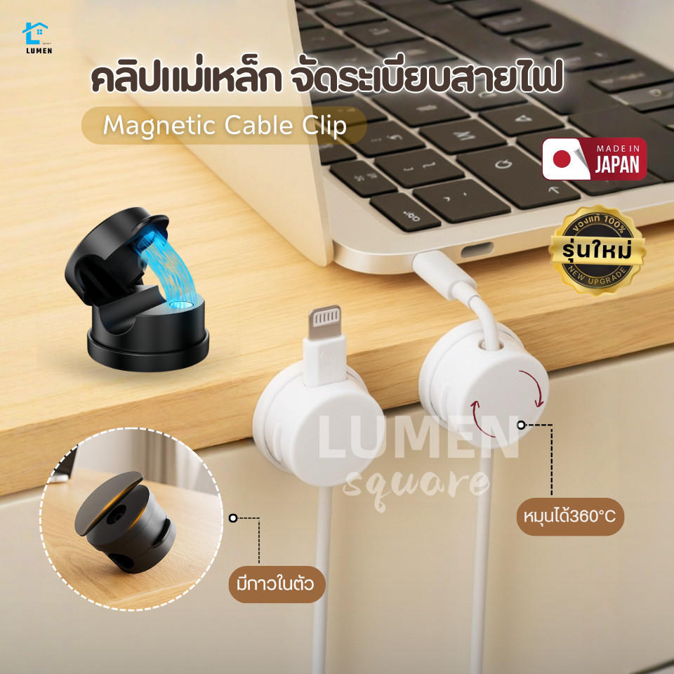 คลิปแม่เหล็กจัดระเบียบสายไฟ หมุนได้360° รุ่นกาวในตัว สายเคเบิล เก็บสายชาร์จ จัดเก็บสายไฟ ที่ยึดปลั๊ก หูฟัง อุปกรณ์เสริม