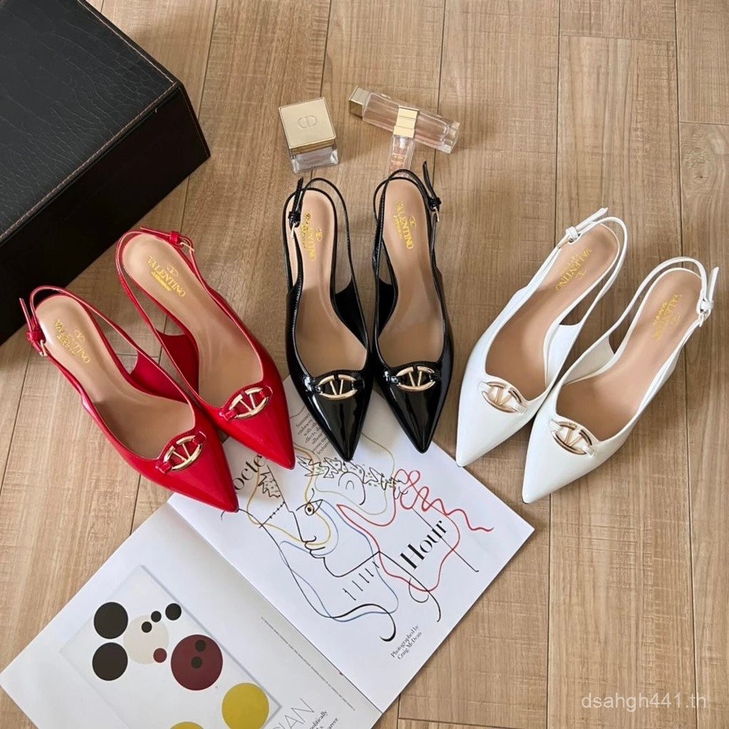 รองเท้าแตะส้นสูง Valantino หนังแท้ หัวเข็มขัดโลหะ สไตล์คลาสสิก สำหรับฤดูใบไม้ผลิและฤดูร้อนปี 2024