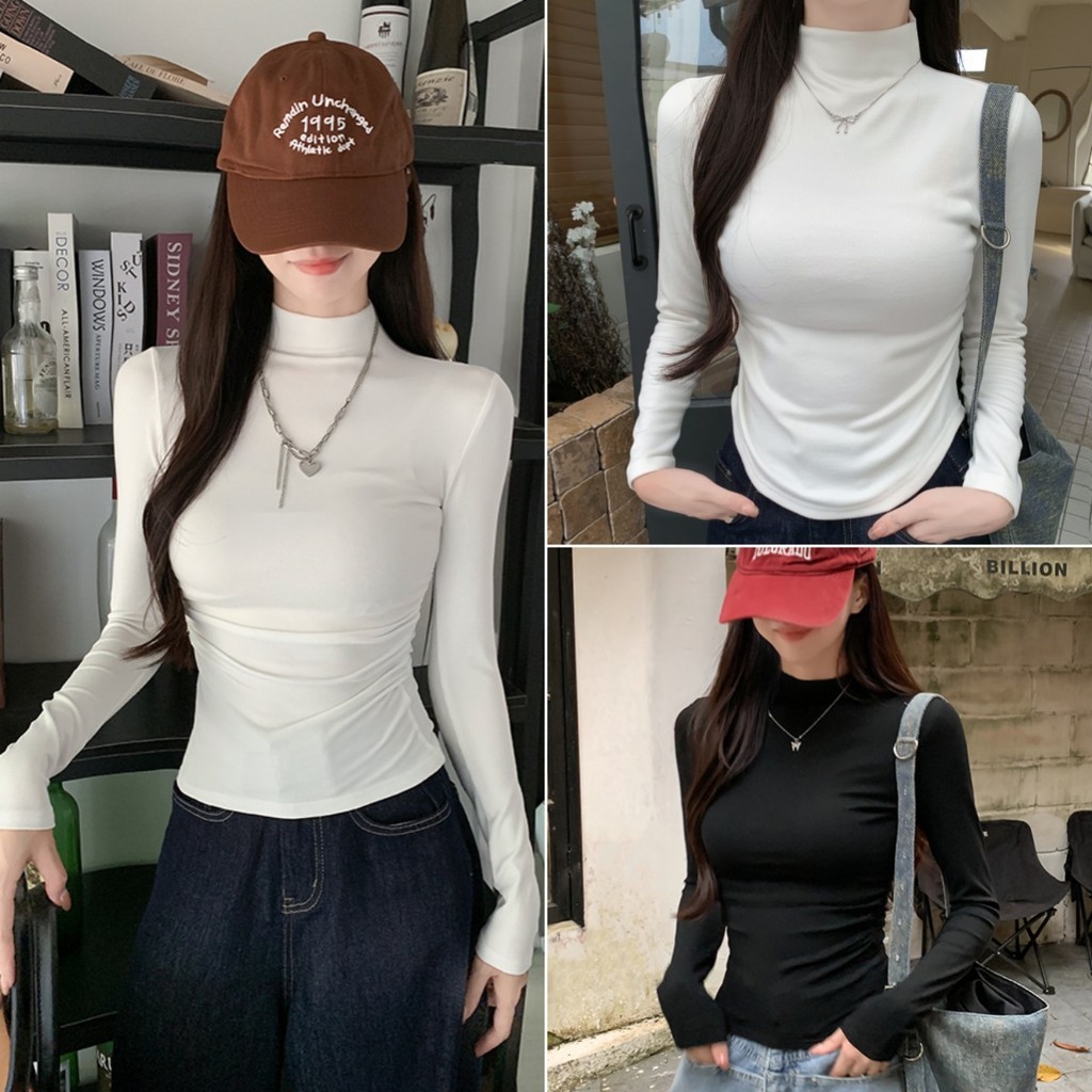 Hotgirl พร้อมส่ง เสื้อยืดแขนยาวผู้หญิง เสื้อรัดรูป คอสูงครึ่ง สีพื้น ดีไซน์เก๋ไก้และเซ็กซี่ สไตล์เกาหลี