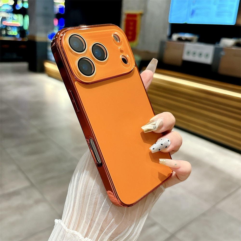Cosmic ชุบสีส้ม Frosted มีโลโก้เคสโทรศัพท์สําหรับ iPhone 17 11 12 13 14 15 16 Pro Max Plus 17Air กระจกเลนส์เต็มป้องกันฟิล์มปลอกขอบนุ่มกันกระแทก Hard PC ฝาหลัง