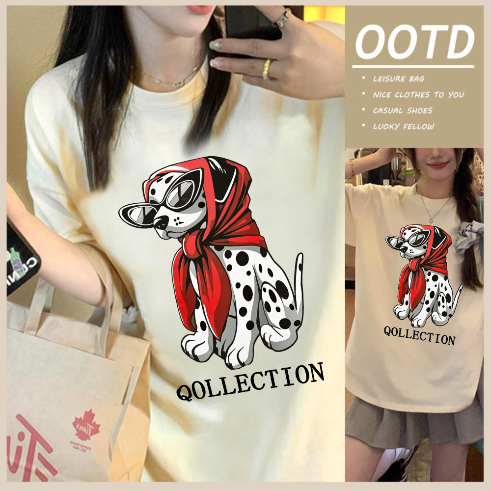 Top.basic🔥 เสื้อสีฟอก เสื้อน่ารัก สื้อยืด oversize รูปแบบถนน โคตรนุ่ม ผ้าคอตตอน ลาย "QOLLECTION DOG"