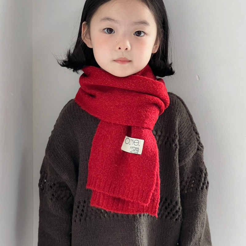NANSI ผ้าพันคอเด็กสไตล์เกาหลีสีแดง ถักจากผ้าขนสัตว์ กันเปื้อน อุ่นในหน้าหนาว