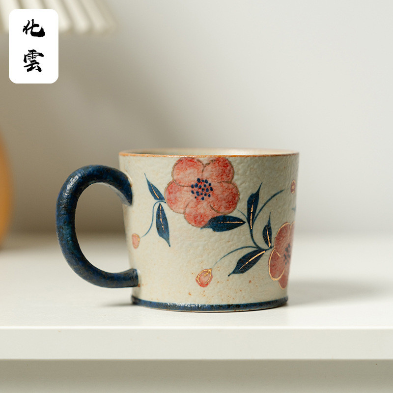Blue White Flint Red Gold Pure Hand-Painted Peach Blossom Yingya Coffee Handle Cup ใหม่สไตล์จีนส่วนบ