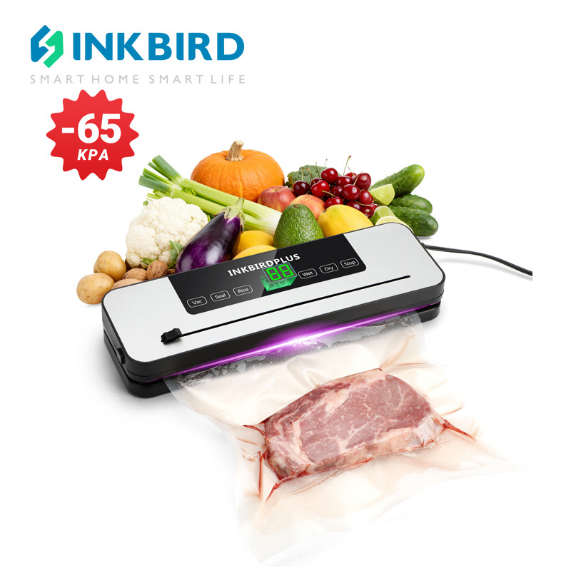 INKBIRD เครื่องบรรจุภัณฑ์สูญญากาศอาหาร UV Home เครื่องซีลสูญญากาศอัตโนมัติเครื่องตัดในตัวพร้อมหน้าจอสัมผัส LED กันน้ําสําหรับทําอาหารสเต็ก