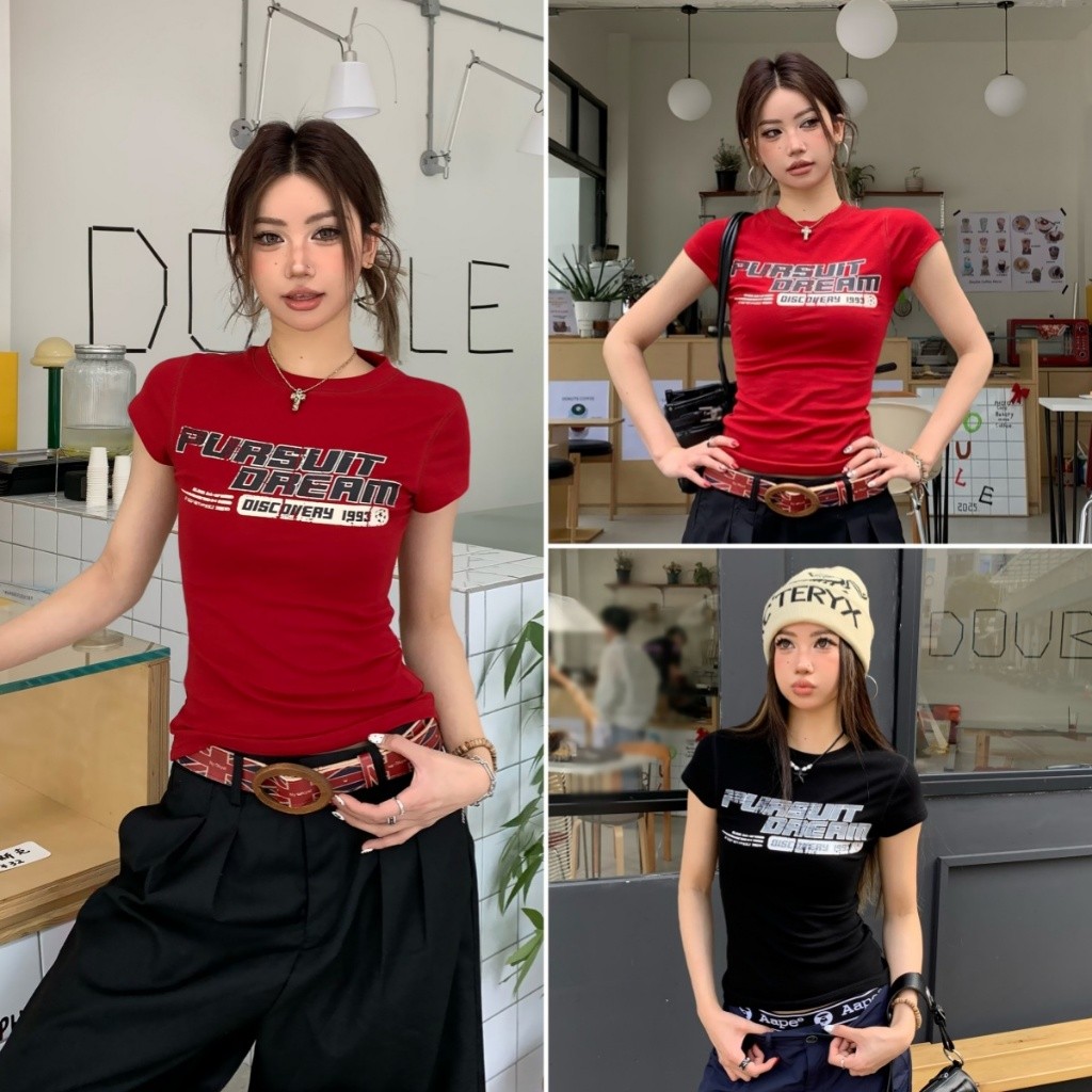 Hotgirl พร้อมส่ง เสื้อยืดสวยๆผู้หญิง เสื้อยืดแขนสั้นพิมพ์ลายผู้หญิง คอกลม ดีไซน์เก๋ไก้และเซ็กซี่ สไตล์อเมริกัน สบาย