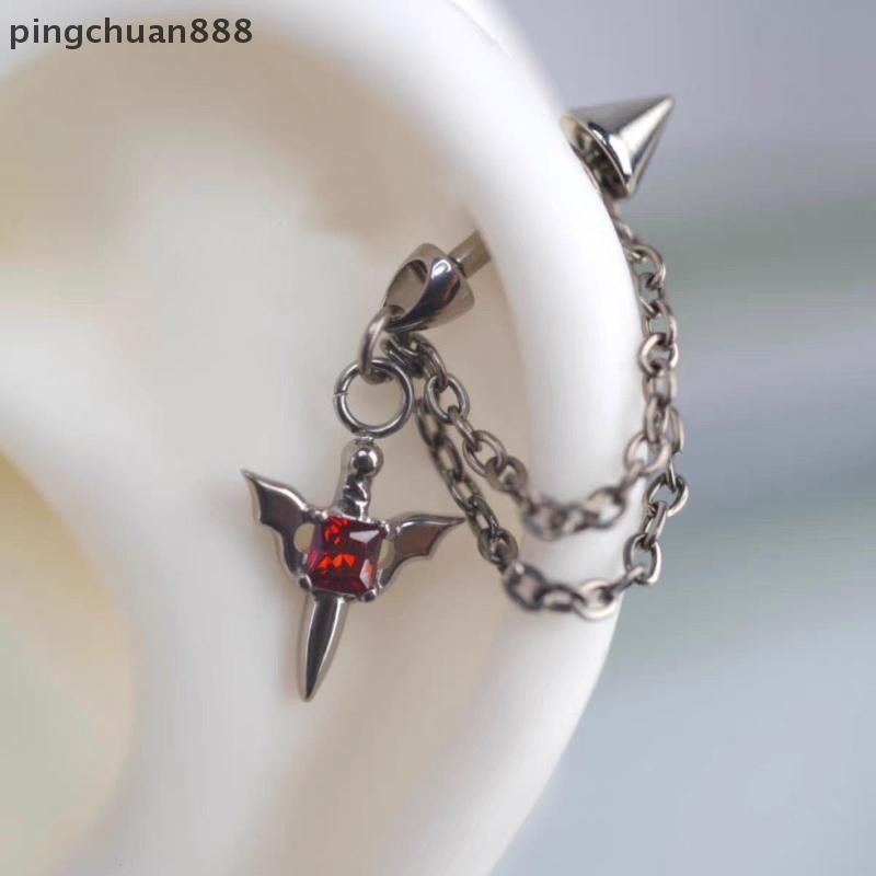 Pingchuan888 สีแดงZircon Wing Chainเจาะต่างหูผู้หญิงผู้ชายGothic SilverสีRivetหูกระดูกเล็บต่างหูY2Kเ