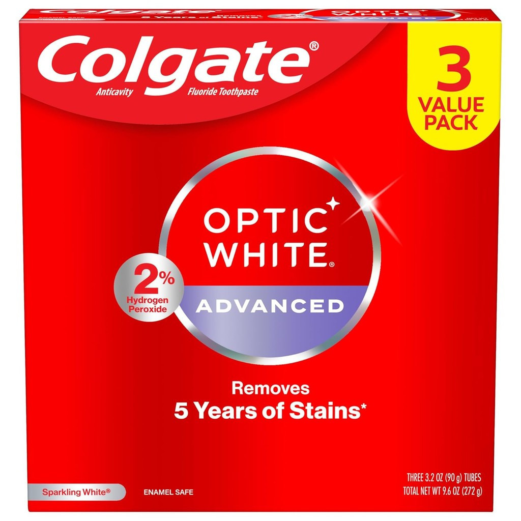 Colgate Optic White Advanced Hydrogen Peroxide Toothpaste, Teeth Whitening Toothpaste Pack, Enamel-S