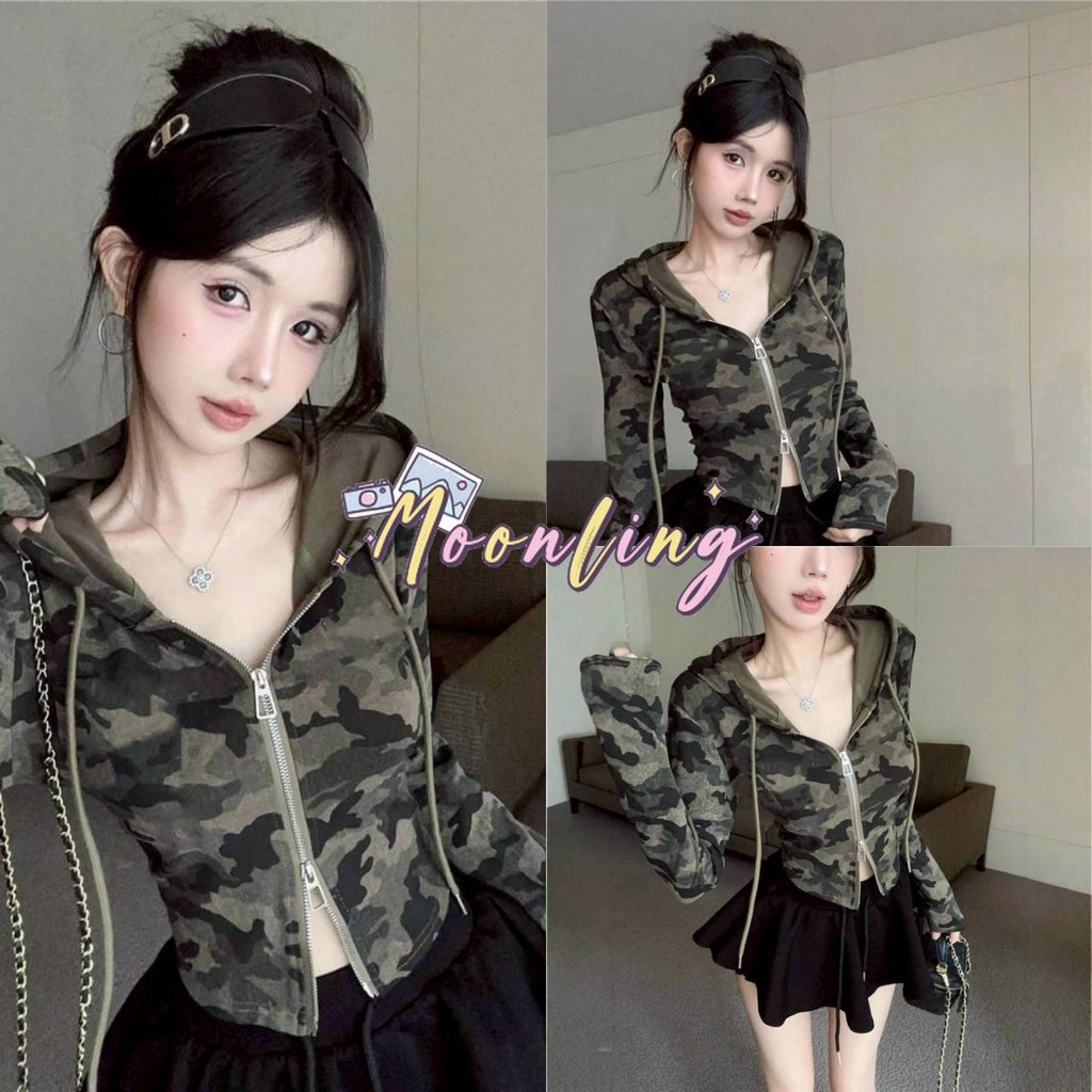 🌜Moonling🌛พร้อมส่งจากไทย เสื้อคลุมครอปแขนยาว ดีเทลลายทหารเท่ๆ ใส่ได้ทุกวัน *FY560*