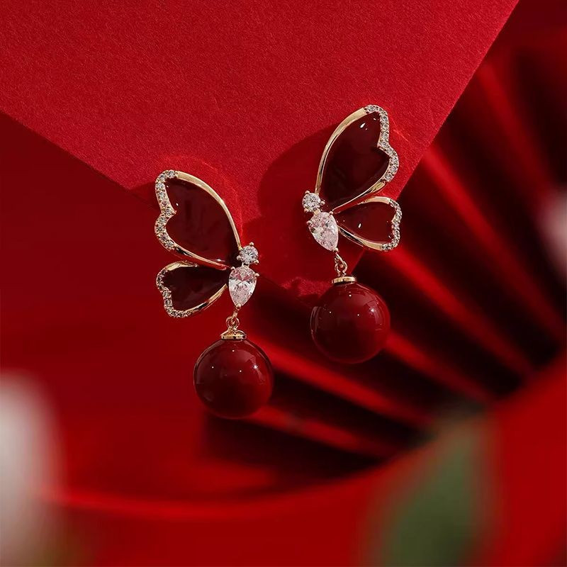 Hot Sale#2024New Hot-Selling Ancora Red Earrings Light Luxury High-End Autumn Winter Stud Earrings f