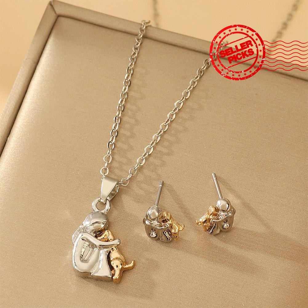 Creative สาวน้อยและสุนัขกอดต่างหูสร้อยคอ Kawaii Puppy Stud ต่างหูสร้อยคอสําหรับ W2y1