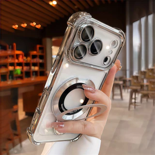 หรูหรา 6D ชุบเคสโทรศัพท์กันกระแทกสําหรับ IPhone 17 Pro Max air 13 14 15 16 Pro Max ปลอกโปร่งใสที่มองไม่เห็นฝาครอบวงเล็บ
