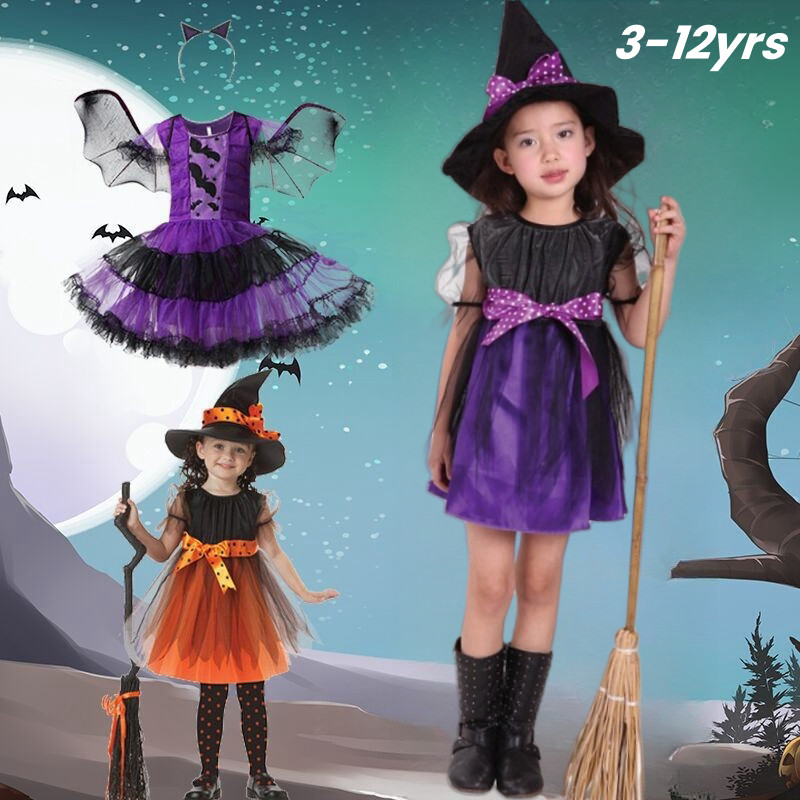 3-12yrs แม่มดเครื่องแต่งกายสําหรับเด็กฮาโลวีนเครื่องแต่งกายสําหรับเด็กหมวกประสิทธิภาพ Custome แม่มดน