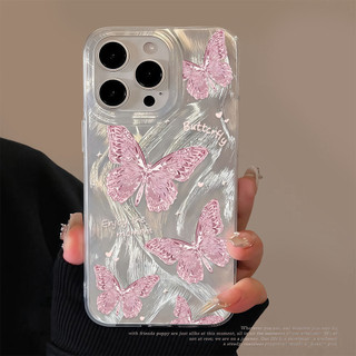 เลเซอร์เคสใส เคสไอโฟน For iPhone 15 14 13 12 11 Pro pro max 11 12 6 7 8 plus X XS XR  XSMAX ผีเสื้อสีชมพูแวววาวสวยงาม