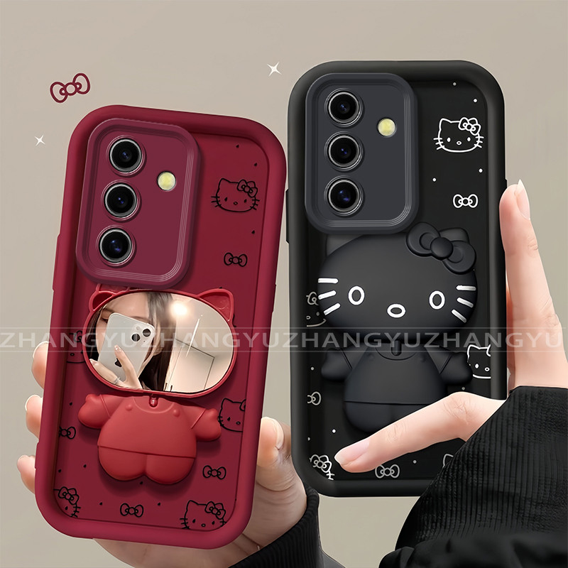 เหมาะสําหรับ Samsung A15 5G A16 A35 5G A55 5G เคสโทรศัพท์แมวแต่งหน้ากระจกผู้ถือ anti drop ถุงลมนิรภัยซิลิโคน TPU soft shell 020