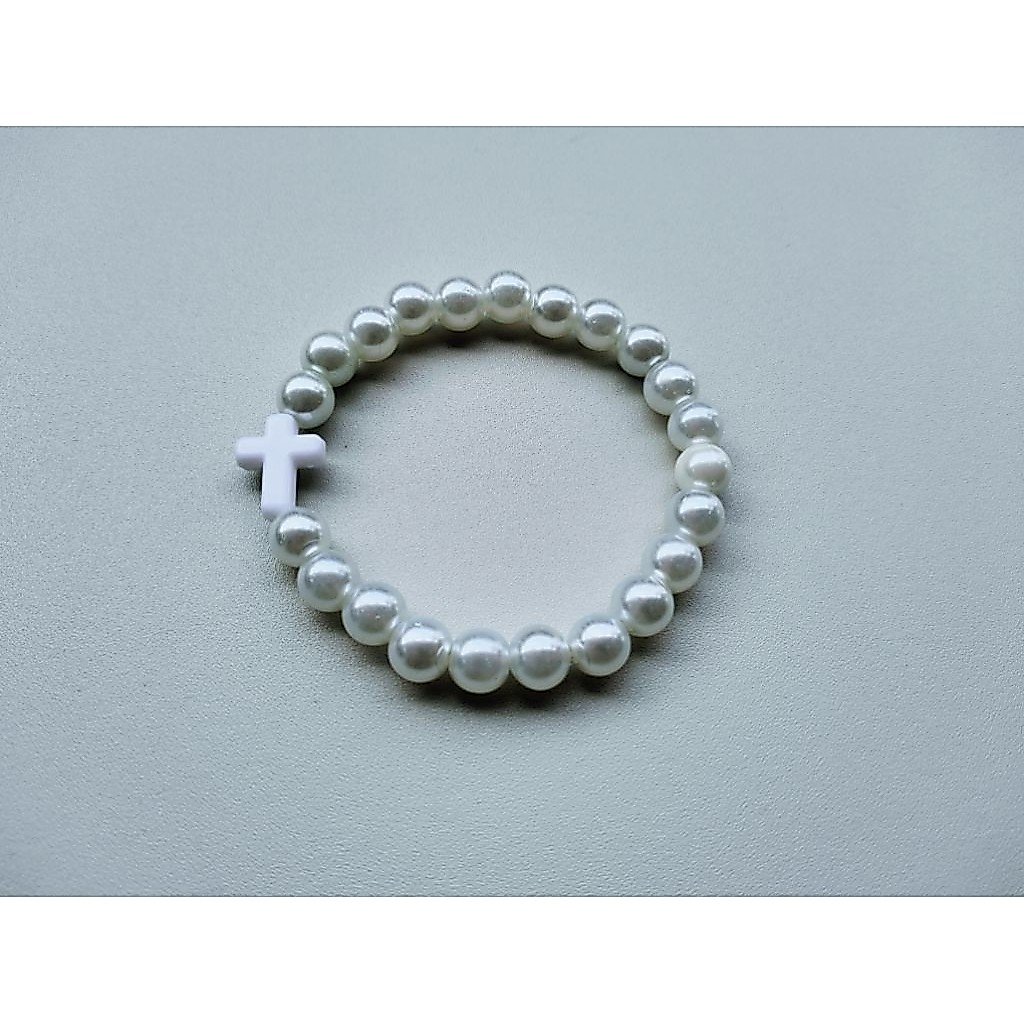 G145 ACRYLIC CROSS BRACELET WHITE HEAVY PEARL BRACELET 8MM