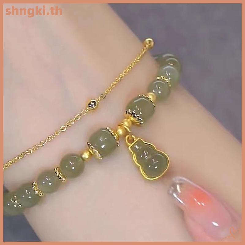 SHNGKI สร้อยข้อมือน้ําเต้าหยกเลียนแบบสไตล์จีนสําหรับผู้หญิง, ของขวัญลูกปัด Luy สองชั้น TH