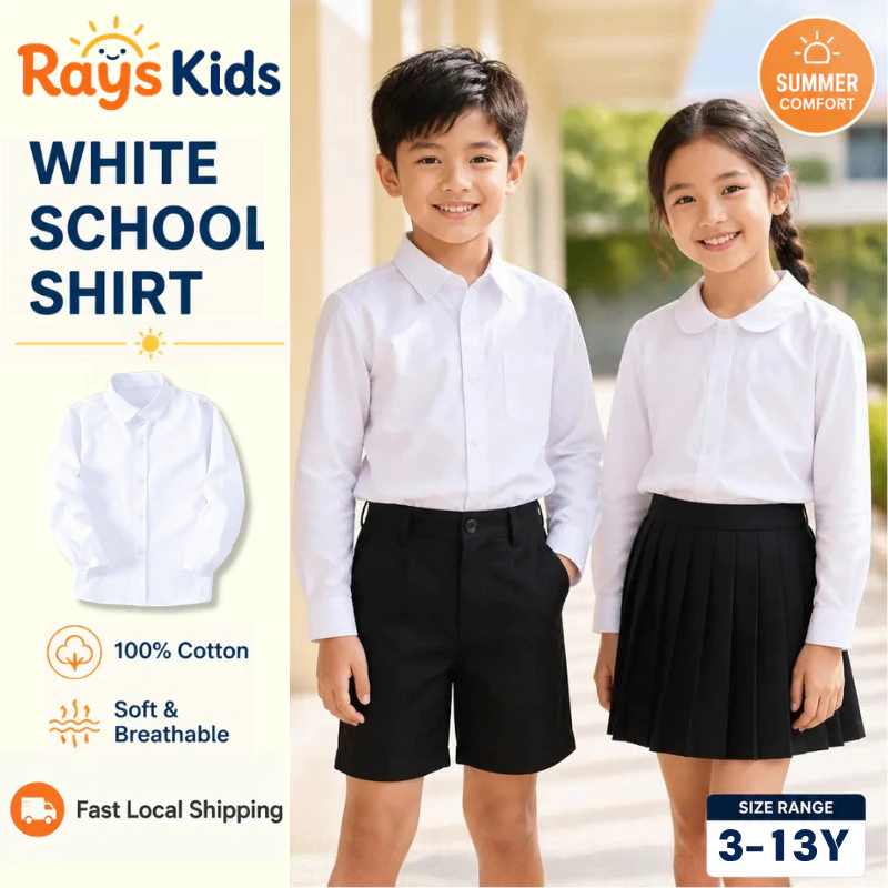 🌞【ส่งจากกทม】เสื้อเชิ้ตเด็กแขนยาว สีขาว ผ้าฝ้าย ระบายอากาศ ใส่ไปโรงเรียน ชายหญิง 3-13ปี