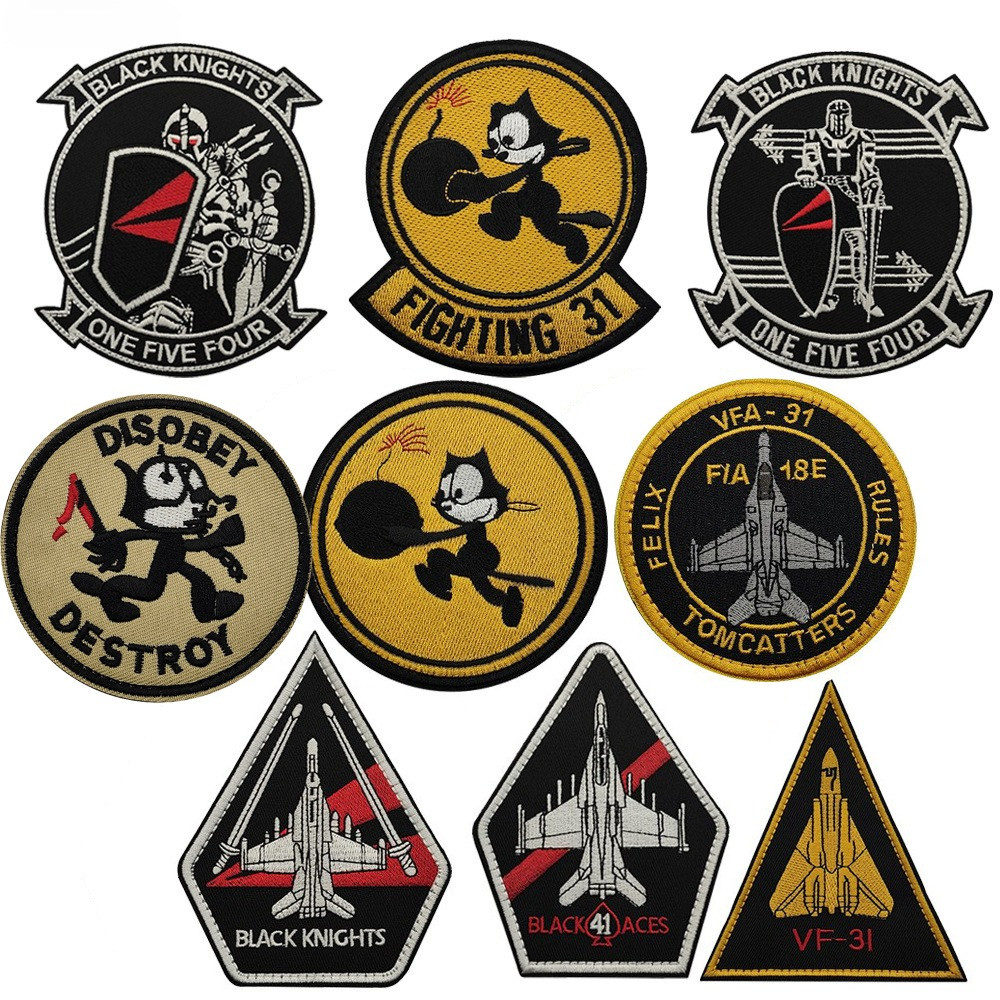 Aviation Inspired Hook Loop Patch Collection Featuring Squadron Emblems Jet Silhouettes และตัวการ์ตู
