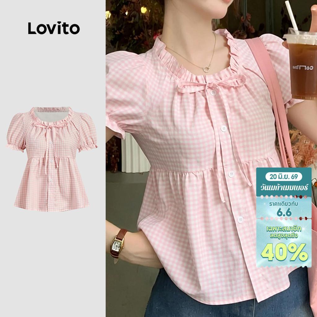 Lovito Casual เสื้อเบลาส์น่ารักผูกหน้า ใส่สบาย เรียบง่าย สไตล์ฤดูใบไม้ผลิ/ฤดูร้อน สีชมพู สําหรับผู้หญิง L185AD673