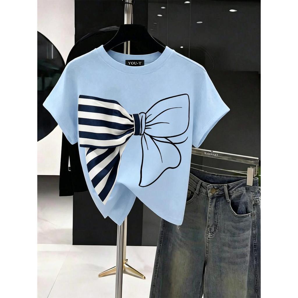 Top.basic เสื้อแฟชั่นผู้หญิง“Striped bow” ทรง Oversize คอกลม แขนสั้น ผ้านุ่มสบาย ใส่ได้ทุกวัน ฤดูร้อน ไซส์ S-3XL