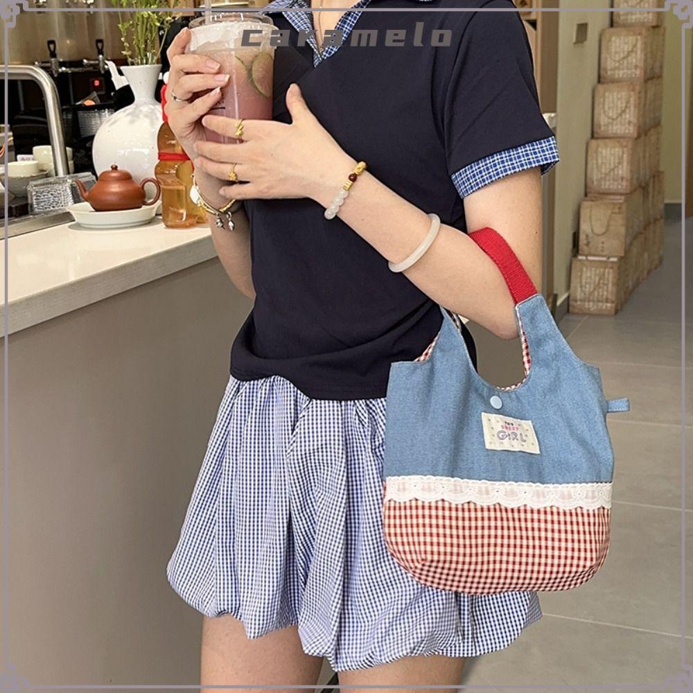 CARAMELO Tote Bags, Denim Plaid Canvas Handbag, Korean INS Sweet Lace Commuting Bags