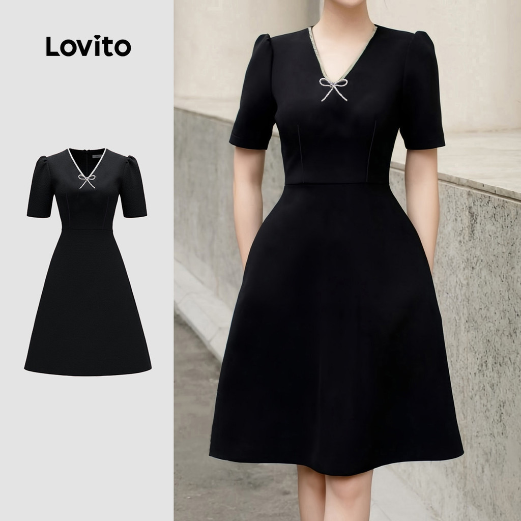 (NEW) Lovito  เดรสสีดําหรูหรา ประดับโบว์และคริสตัลประณีต สําหรับฤดูใบไม้ผลิ/ฤดูร้อน สําหรับผู้หญิง LK4ED1002