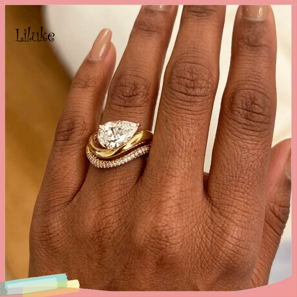 LKแหวนCubic ZirconiaชุดCubic Zirconiaเครื่องประดับ2ชิ้นผู้หญิงS-รูปซ้อนแหวนชุดประกายน้ําDrop Cubic Z